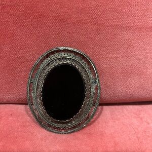 Elegant Black Onyx & Silver Filagreed Brooch